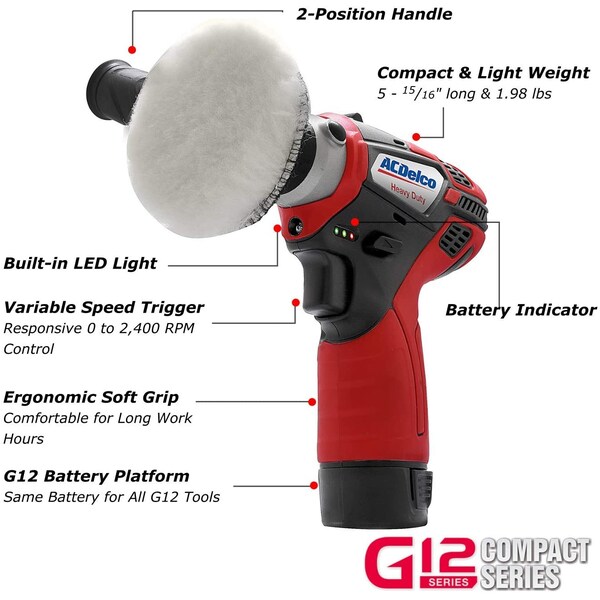 G12 12V Cordless 3 2-Speed Polisher, 2-Battery W/Accessories